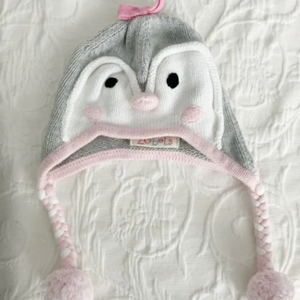 Zubels Knit Winter Hat Little Bird Owl Pink Gray White Baby Penguin Size 6-12M